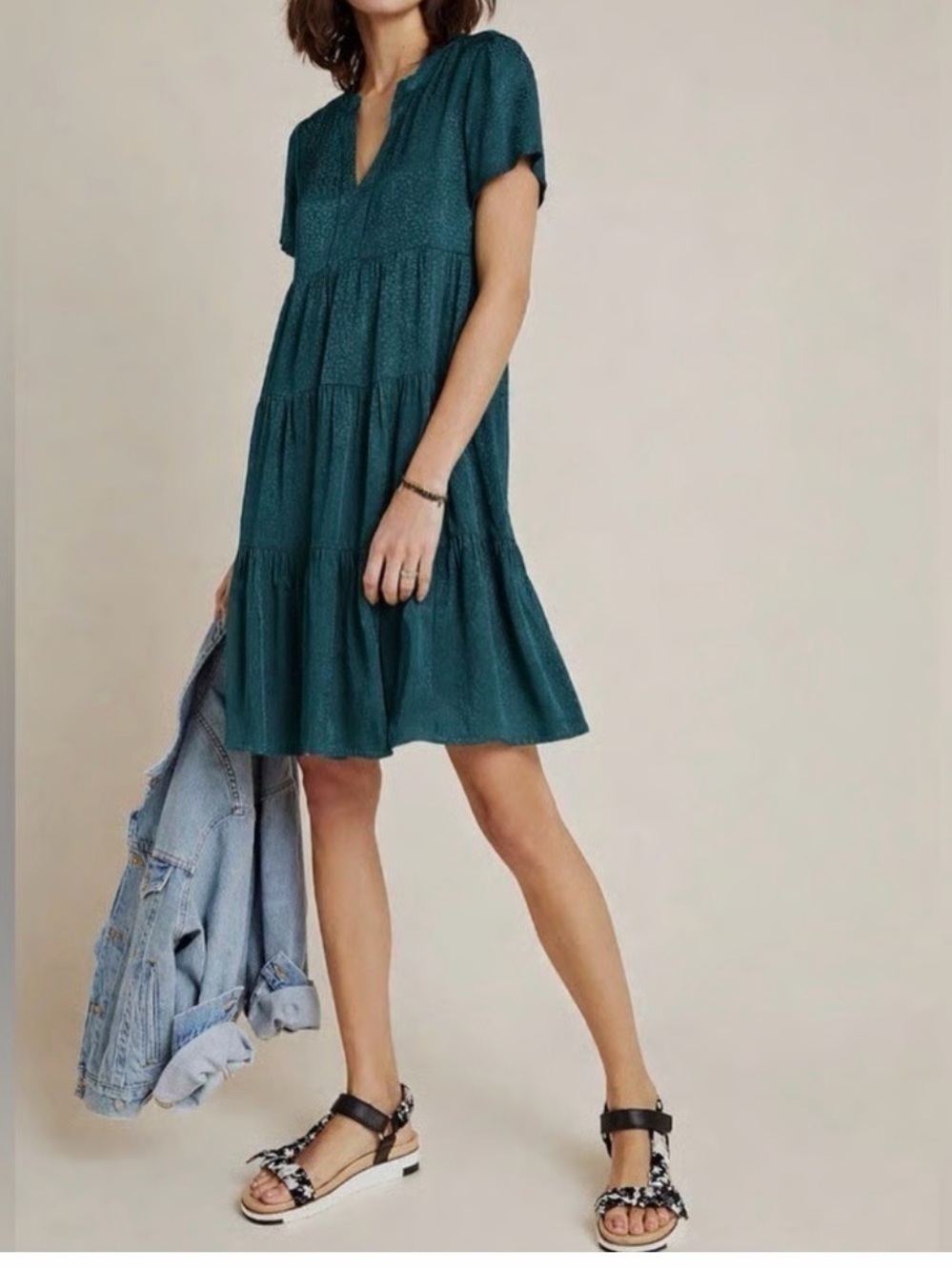 Maeve By Anthropologie Tania Sacha Jacquard Tiered Tunic Dress Dark  Green SP